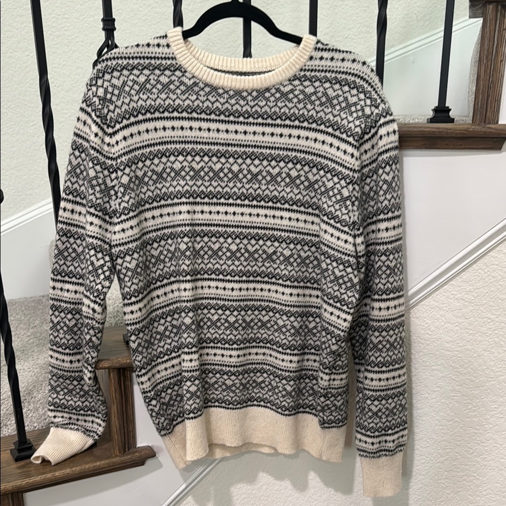 J. Crew Black and White Crewneck Sweater with Geometric Patterns